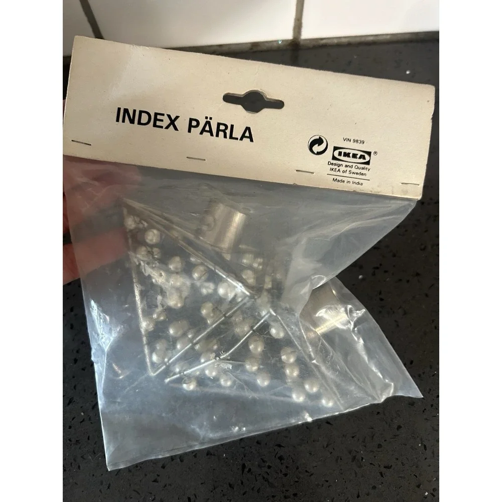 New IKEA Index Parla Curtain Rod‎ Ends Finial Pearls Silver Metal Triangle Pair